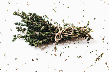 bunch of green aromatic herbs isolated on white background