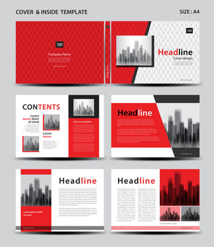 Red Cover Design And Inside Template For Magazine, Ads, Presentation, Annual Report, Book, Leaflet, Poster, Catalog, Printing Media, Newsletter, Business Brochure Flyer, Horizontal Layout Vector. A4