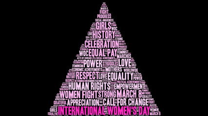 International Women's Day word cloud on a black background. 