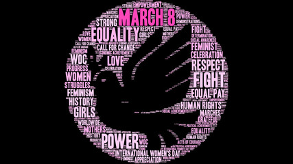 March 8 Word Cloud on a black background. 