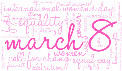 March 8 Word Cloud on a white background. 