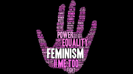 Feminism Word Cloud on a black background.