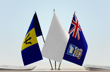 Flags of Barbados and Falkland Islands with a white flag in the middle