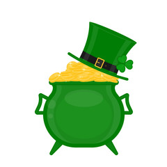 St Patrick's Day green leprechaun hat on the cauldron with gold coins, decorated with clover leaf, isolated on white background. Vector illustration of Irish holiday symbol