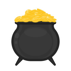 St Patrick's Day black cauldron with gold coins isolated on white background. Vector illustration of Irish holiday symbol