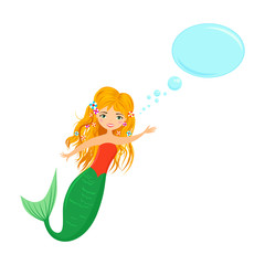 Beautiful blonde mermaid with  speech bubble isolated on white. Fairytale mermaid with empty spech bubble