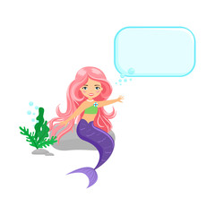 Beautiful sitting mermaid with pink hair with speech bubble isolated on white. Fairytale mermaid with empty spech bubble