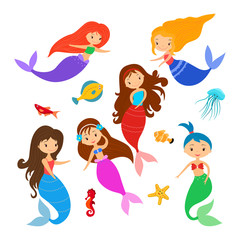 Cute little cartoon  mermaids and sea animal set.