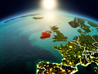 Ireland in sunrise from orbit