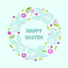 Circle concept with Bunny Head and flowers. Vector design element for Happy Easter Day, party invitation, greeting card, web, postcard, girl or boy birthday, baby shower. Isolated on blue background.