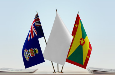 Flags of Cayman Islands and Grenada with a white flag in the middle