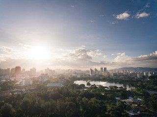 aerial view of Titiwangsa lake with evening sunlight located in Kuala Lumpur, malaysia