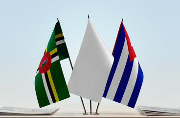 Flags of Dominica and Cuba with a white flag in the middle