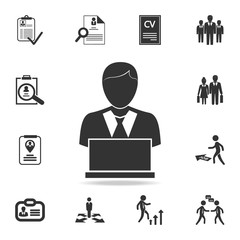 person with laptop icon. Set of Human resources, head hunting icons. Premium quality graphic design. Sign sand symbols collection, simple icons for websites, web design