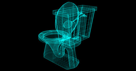 A Wire-Frame of a toilet, 3D rendered with my own design Back View (Left).