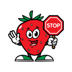 Cartoon Strawberry Character Holding Stop Sign
