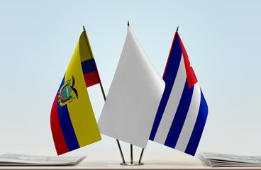 Flags of Ecuador and Cuba with a white flag in the middle