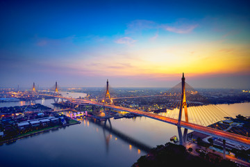 Beautiful bridge and river landscapes bird's eye view during sunset, Bangkok Thailand