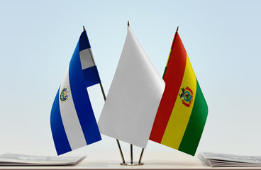 Flags of El Salvador and Bolivia with a white flag in the middle