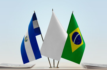 Flags of El Salvador and Brazil with a white flag in the middle