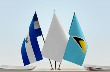 Flags of El Salvador and Saint Lucia with a white flag in the middle