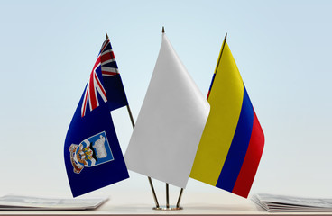 Flags of Falkland Islands and Colombia with a white flag in the middle