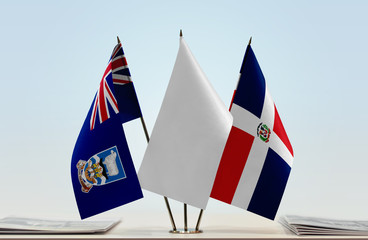 Flags of Falkland Islands and Dominican Republic with a white flag in the middle