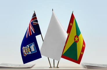 Flags of Falkland Islands and Grenada with a white flag in the middle