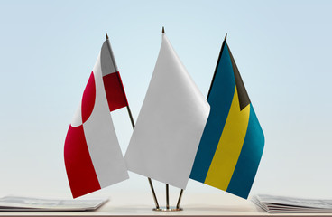 Flags of Greenland and Bahamas with a white flag in the middle