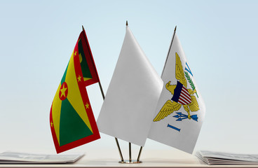 Flags of Grenada and U.S. Virgin Islands with a white flag in the middle