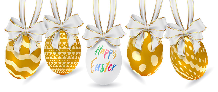 Easter ornament elements hanging. Happy easter image vector. Modern Easter background with colorful eggs and gold hanging. Template Easter greeting card, vector. 