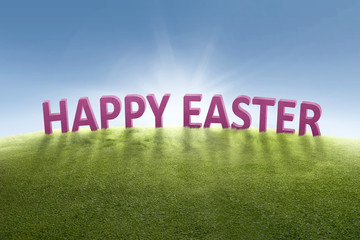 Greeting of Happy Easter on the green grass