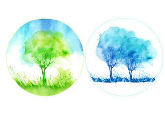 Set of round watercolor drawing, icon, logo. Watercolor drawing of nature. Round element on white isolated background. Watercolor postcard. Countryside summer, spring landscape, tree. 