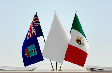 Flags of Montserrat and Mexico with a white flag in the middle