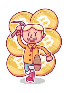 cute character holding pickaxe. bitcoin miner with character.