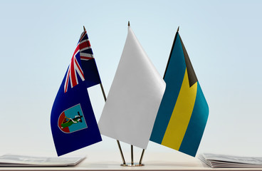 Flags of Montserrat and Bahamas with a white flag in the middle