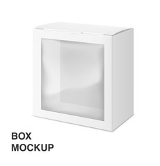 Universal mockup of blank cardboard box with transparent window. Vector illustration isolated on white background, ready and simple to use for your design. 