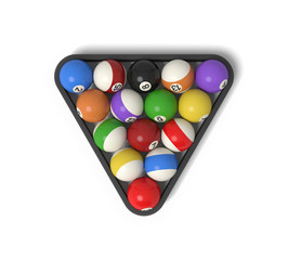 Naklejka premium 3d rendering of many billiard balls with colorful stripes and numbers inside a rack.