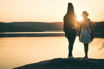 Female tourists in beautiful nature in tranquil scene.