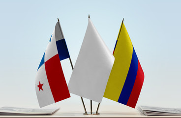 Fototapeta premium Flags of Panama and Colombia with a white flag in the middle