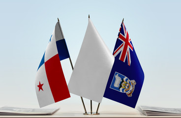 Flags of Panama and Falkland Islands with a white flag in the middle