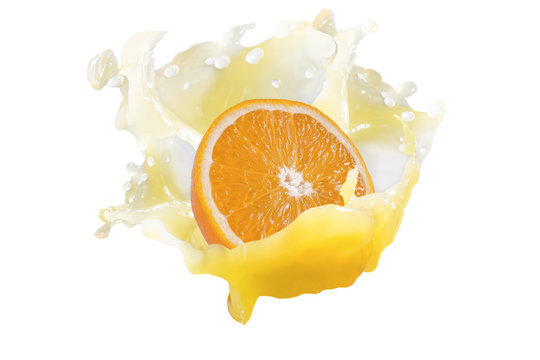 a piece of juicy orange in a splash of juice