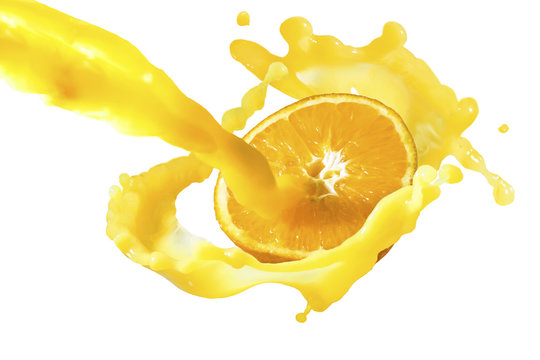 a large stream of juice is poured on a ripe fruit of a cut orange