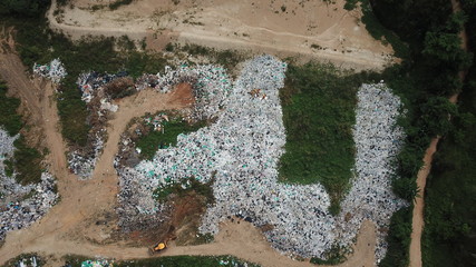 Plastic pollution - landfill garbage dump. Plastic bags and bottles pollute the environment
