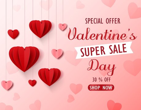 Valentines day sale background with red folded paper heart shape balloon on pink backdrop