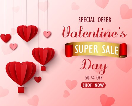 Valentines day sale background with red folded paper heart shape balloon on pink backdrop