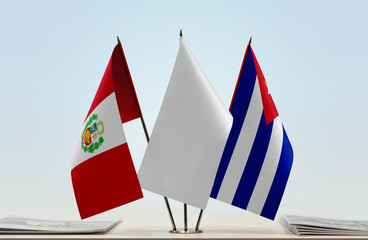 Flags of Peru and Cuba with a white flag in the middle