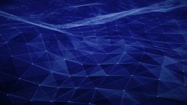 Fly in through connecting lines and triangles plexus waves .Connection plexus abstract background.BLUE.