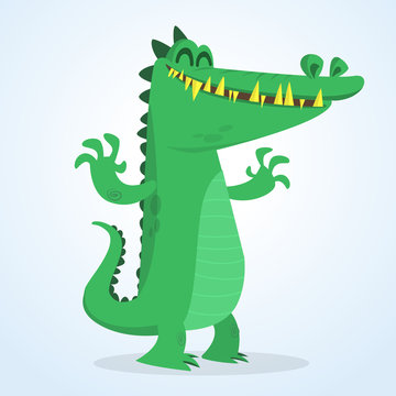 Cute cartoon crocodile. Vector  illustration of a green crocodile waving ahands. Isolated on white