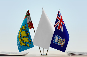Flags of Saint Pierre and Miquelon and Falkland Islands with a white flag in the middle